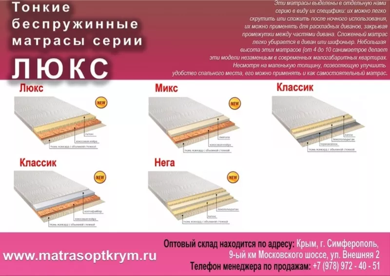 Тонкие безпружинные матрасы серии ЛЮКС по оптовым ценам 